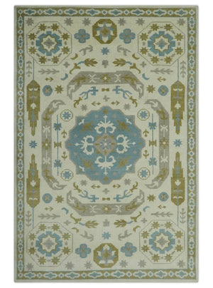 6x9 Ivory, Olive and Teal Hand Knotted Traditional Medallion Mamluk Design wool Area Rug