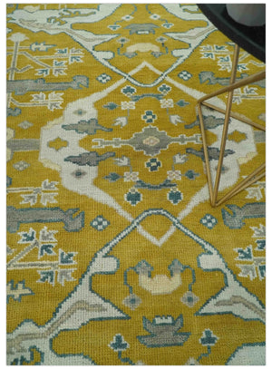 6x9 Mustard, Ivory and Gray Hand Knotted Traditional Oriental Oushak wool area rug