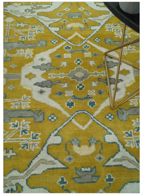 6x9 Mustard, Ivory and Gray Hand Knotted Traditional Oriental Oushak wool area rug
