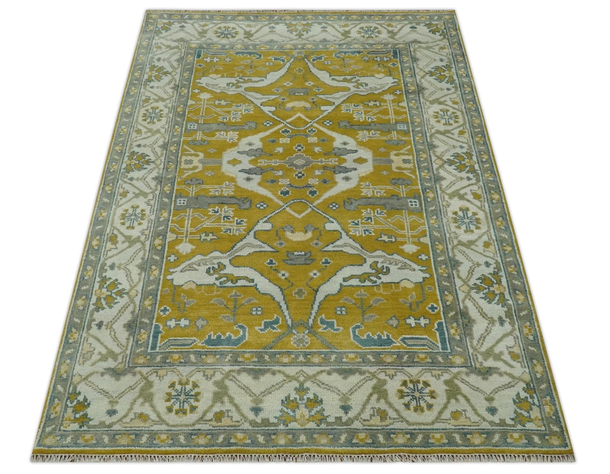 6x9 Mustard, Ivory and Gray Hand Knotted Traditional Oriental Oushak wool area rug