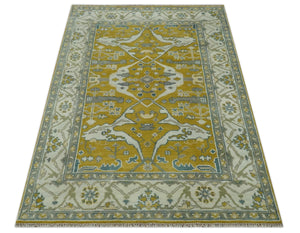 6x9 Mustard, Ivory and Gray Hand Knotted Traditional Oriental Oushak wool area rug