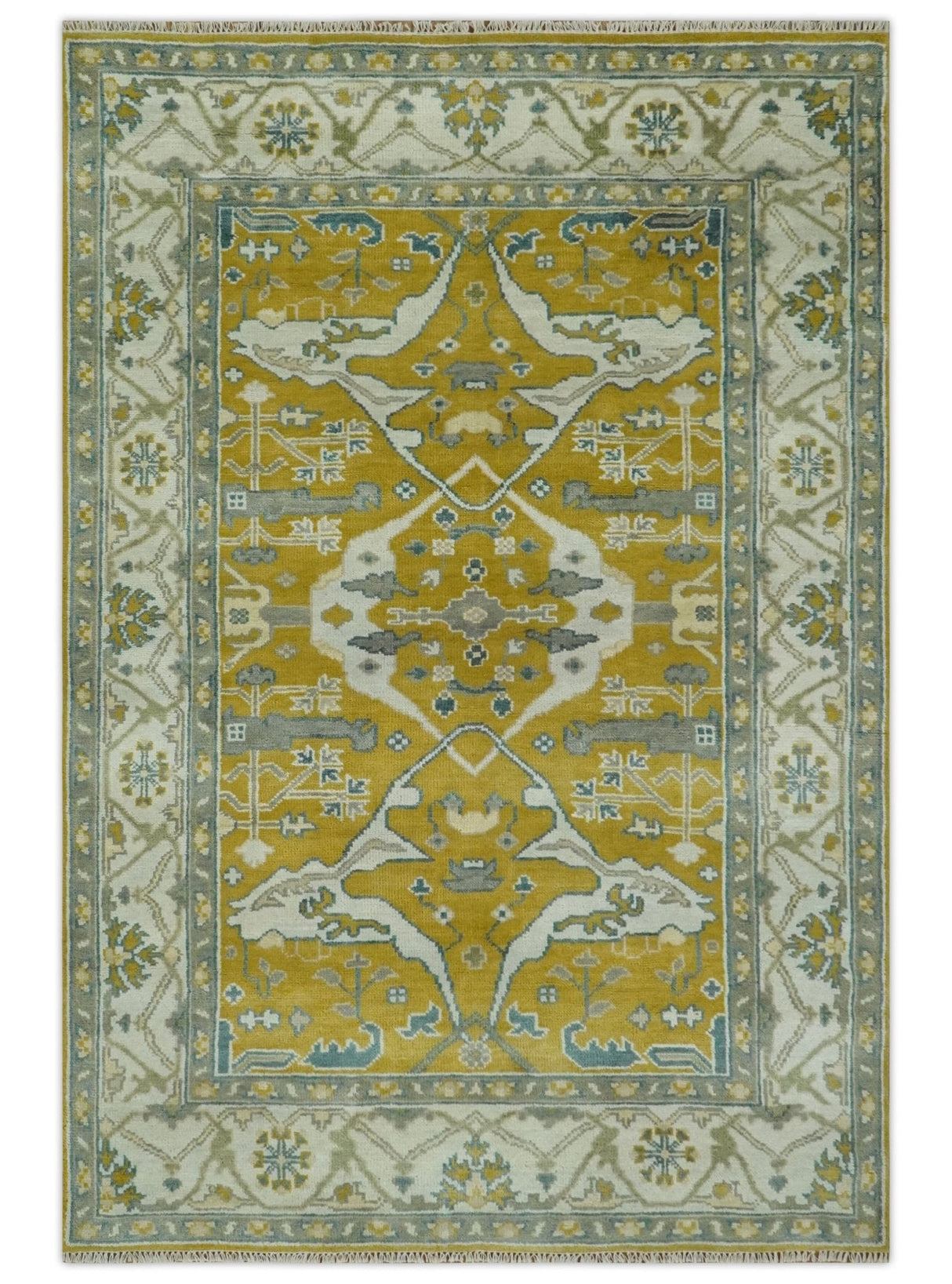 6x9 Mustard, Ivory and Gray Hand Knotted Traditional Oriental Oushak wool area rug