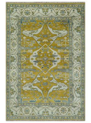 6x9 Mustard, Ivory and Gray Hand Knotted Traditional Oriental Oushak wool area rug