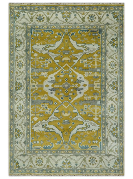 6x9 Mustard, Ivory and Gray Hand Knotted Traditional Oriental Oushak wool area rug