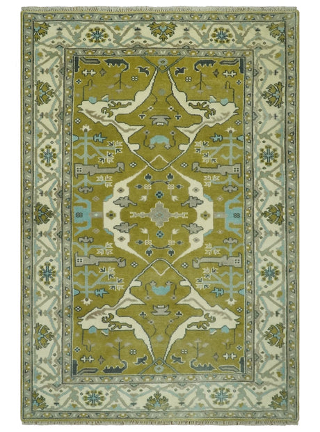 6x9 Olive and Ivory Hand Knotted Traditional Oriental Oushak wool area rug