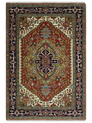 6x9 and runner Traditional Blue, Rust and Ivory Hand knotted wool Area Rug