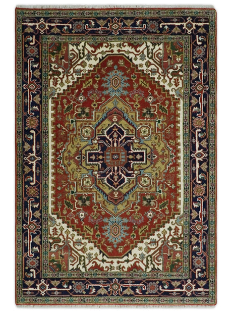 6x9 and runner Traditional Blue, Rust and Ivory Hand knotted wool Area Rug