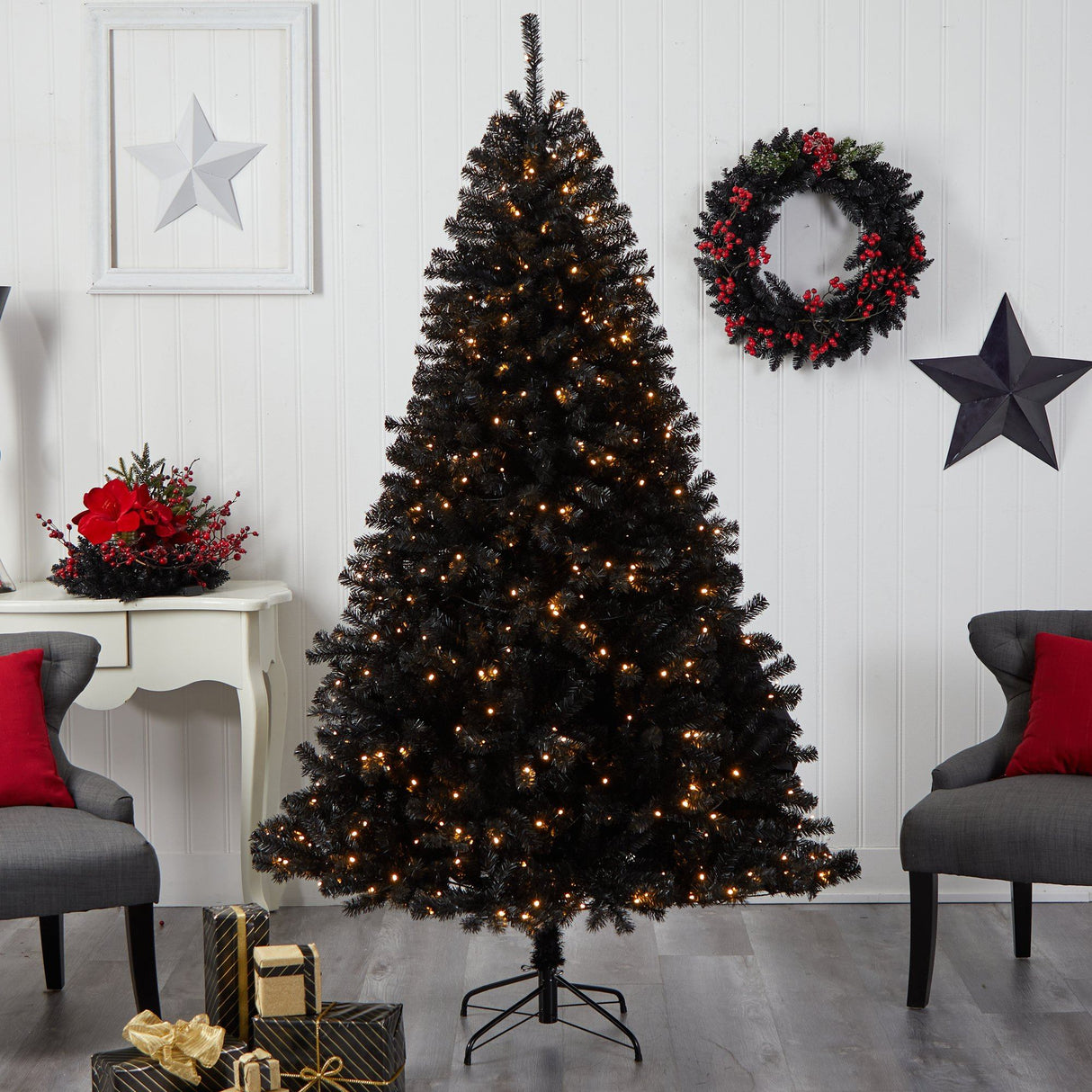 7’ Black Artificial Christmas Tree with 500 Clear LED Lights and 1428 Tips