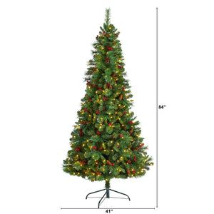 7’ Flat Back Montreal Mountain Artificial Christmas Tree with Pine Cones and Berries