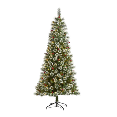 7’ Frosted Swiss Pine Artificial Christmas Tree with 400 Clear LED Lights and Berries