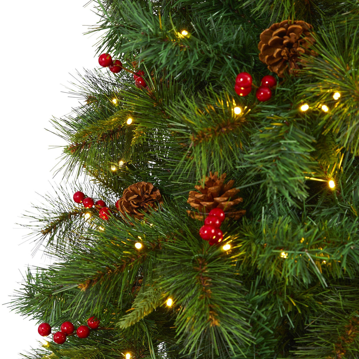 7’ Mixed Pine Artificial Christmas Tree with 350 Clear LED Lights, Pine Cones and Berries