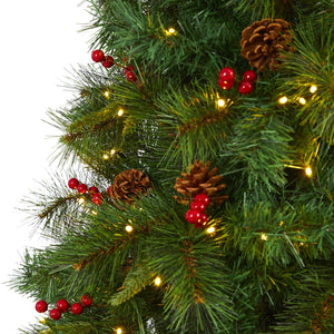 7’ Mixed Pine Artificial Christmas Tree with 350 Clear LED Lights, Pine Cones and Berries