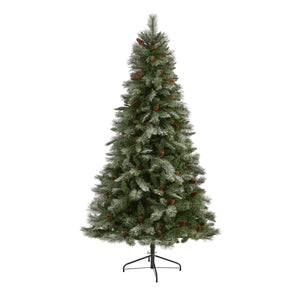 7’ Snowed French Alps Mountain Pine Artificial Christmas Tree with 833 Bendable Branches and Pine Cones