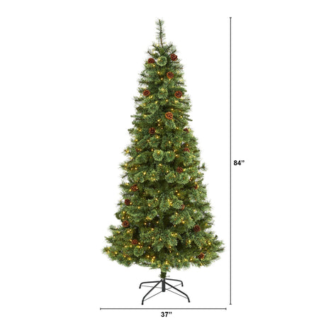 7’ White Mountain Pine Artificial Christmas Tree with 400 Clear LED Lights and Pine Cones