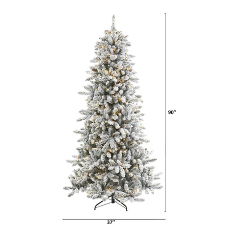 7.5’ Flocked Livingston Fir Artificial Christmas Tree with Pine Cones and 500 Clear Warm LED Lights