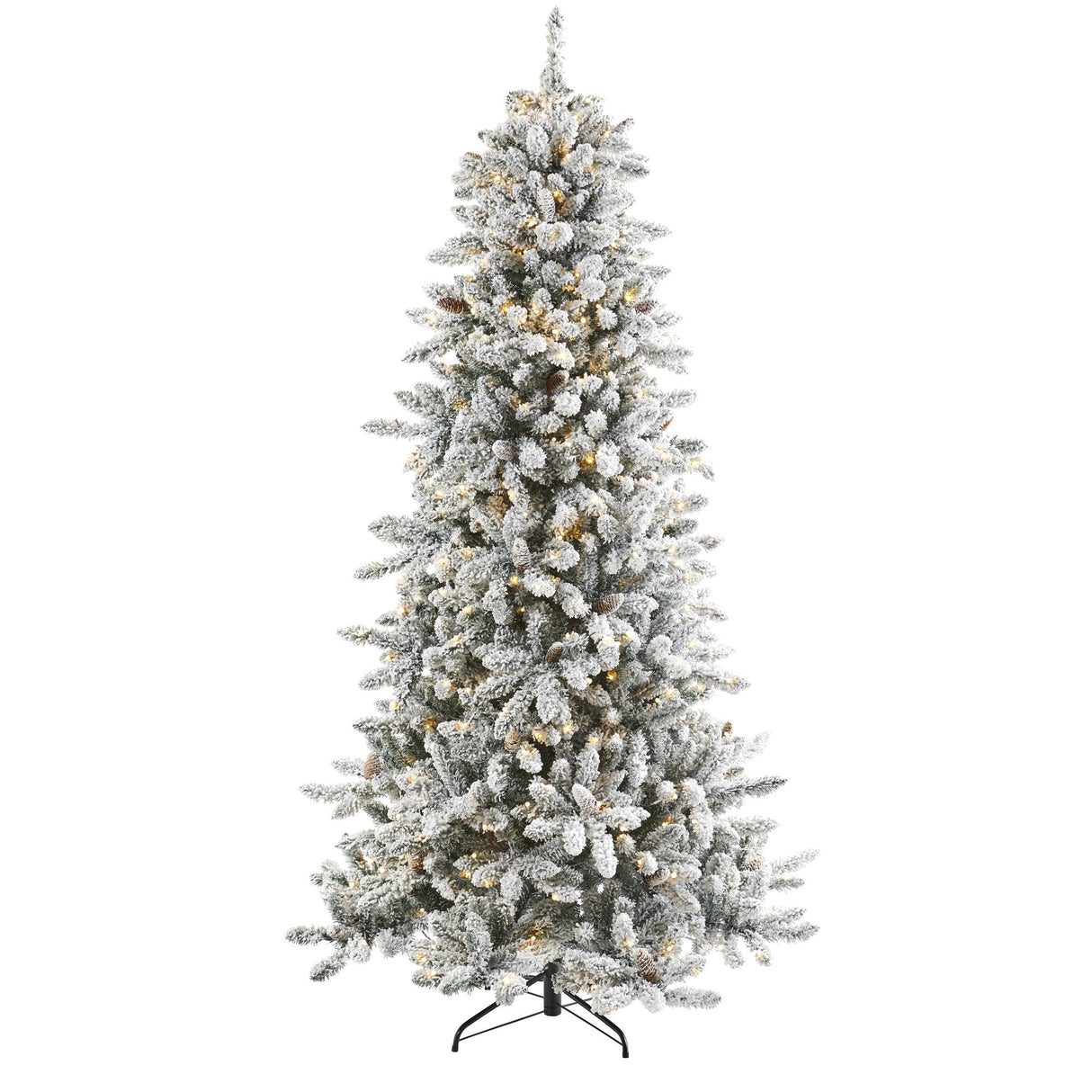 7.5’ Flocked Livingston Fir Artificial Christmas Tree with Pine Cones and 500 Clear Warm LED Lights