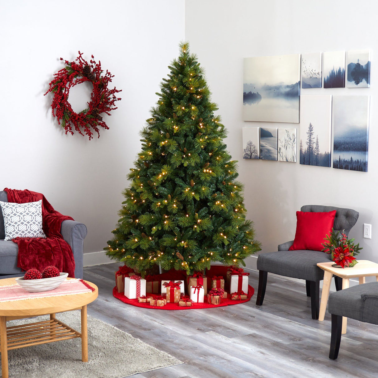 7.5’ North Carolina Mixed Pine Artificial Christmas Tree with 470 Warm White LED Lights, 1895 Bendable Branches and Pinecones