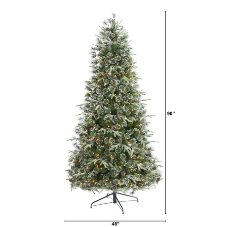 7.5’ Snowed Tipped Clermont Mixed Pine Artificial Christmas Tree with 600 Clear LED Lights, Pine Cones and 1784 Bendable Branches