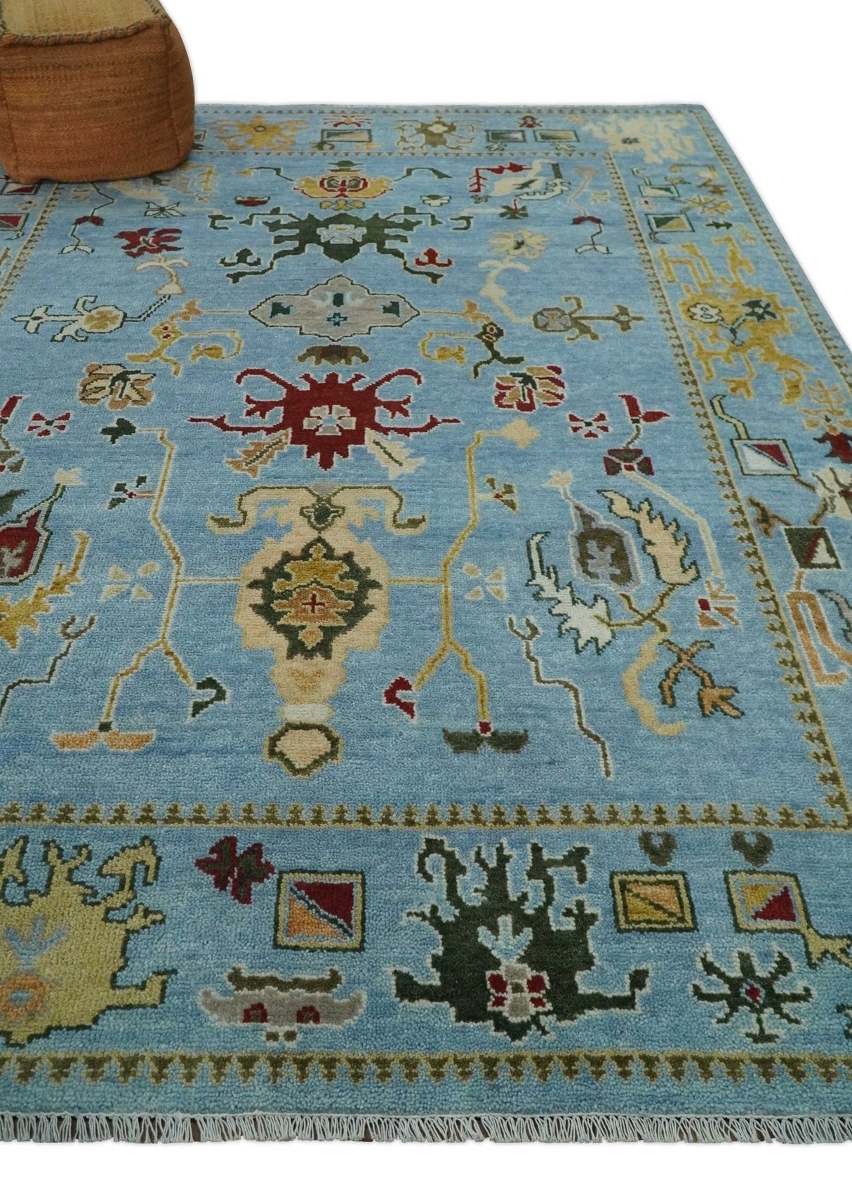 7.7x9.9 hand knotted Blue Vibrant Colorful Traditional Oushak Rug