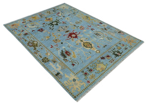 7.7x9.9 hand knotted Blue Vibrant Colorful Traditional Oushak Rug