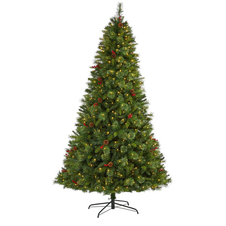 8’ Aberdeen Spruce Artificial Christmas Tree with 500 Clear LED Lights, Pine Cones and Red Berries