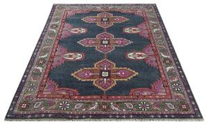 8.3x9.10 Hand Knotted Charcoal, Silver and Pink Traditional Heriz Wool Area Rug