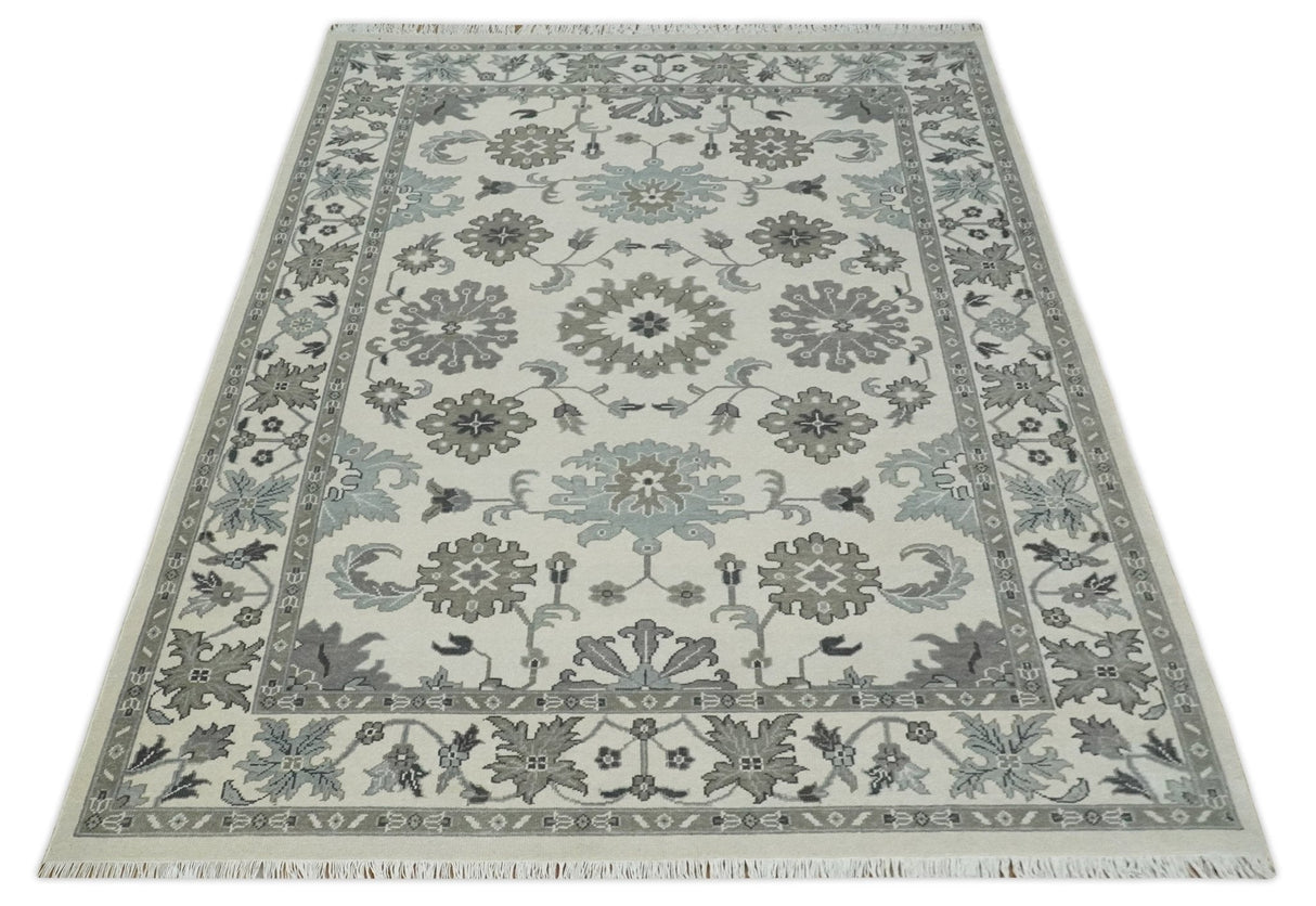8.6x12 Traditional Ivory and Taupe Antique Style Hand knotted Traditional Wool Area Rug | AC408612
