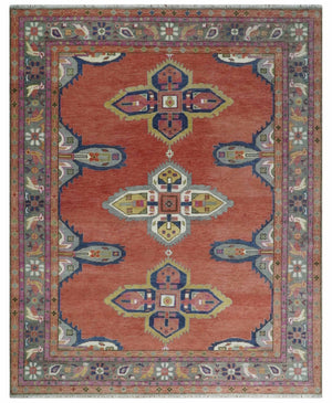 8x10, 9.5x12 and 10x14 Hand Knotted Dark Peach and Silver Traditional Wool Rug