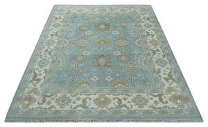 8x10 Aqua, Ivory and Olive Traditional Oushak Hand Knotted Wool Area Rug