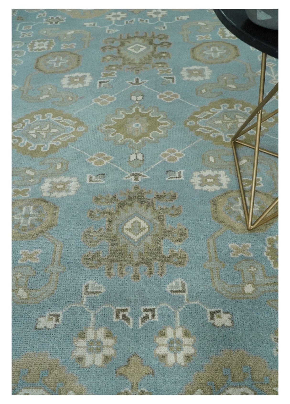 8x10 Aqua, Ivory and Olive Traditional Oushak Hand Knotted Wool Area Rug