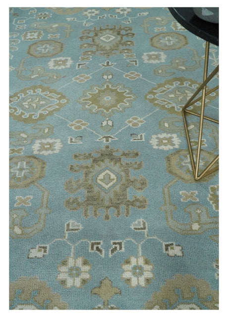 8x10 Aqua, Ivory and Olive Traditional Oushak Hand Knotted Wool Area Rug