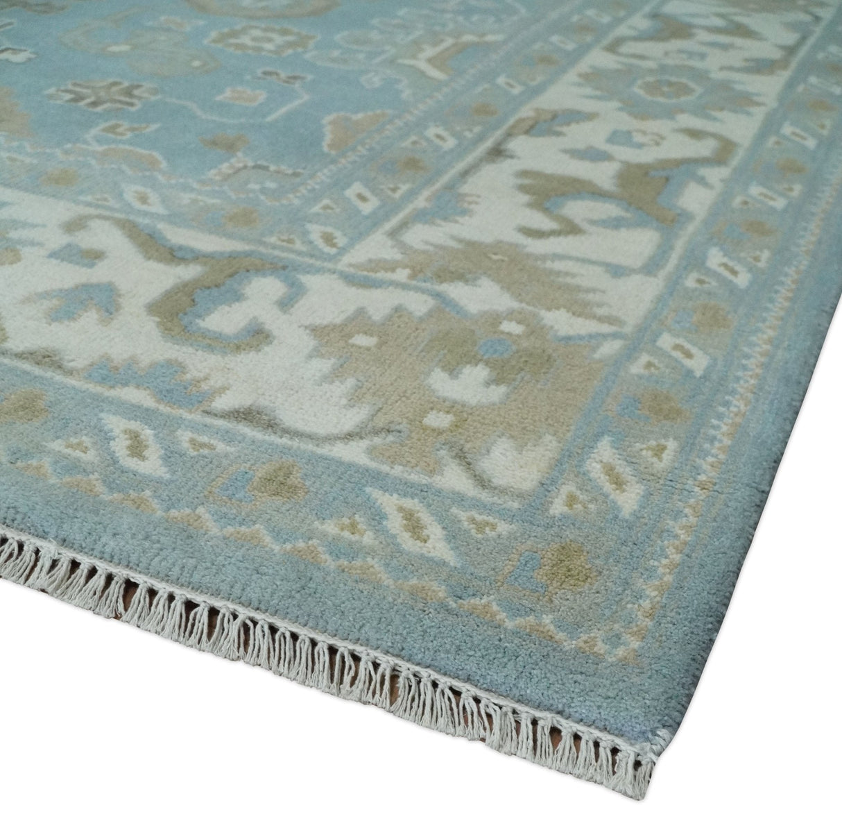 8x10 Aqua, Ivory and Olive Traditional Oushak Hand Knotted Wool Area Rug