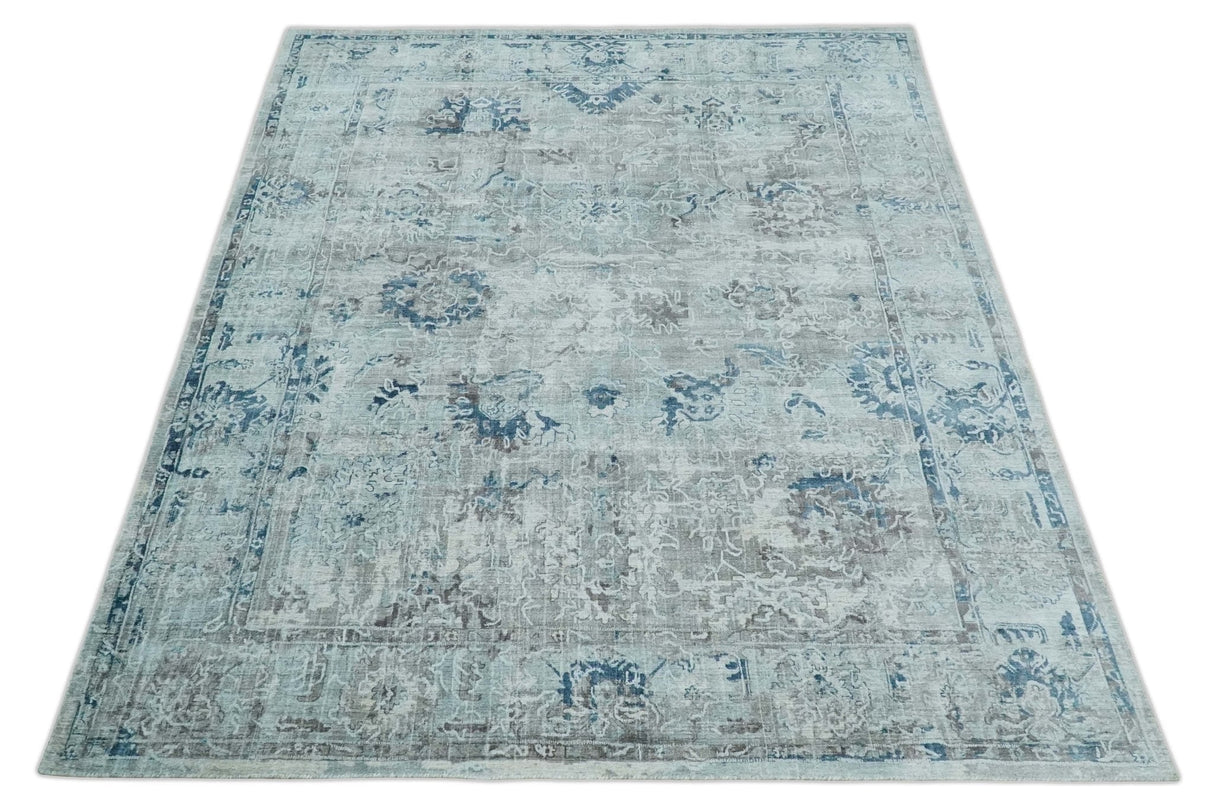 8x10 Aqua, Ivory and Silver Traditional Handmade Wool Area Rug