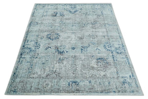 8x10 Aqua, Ivory and Silver Traditional Handmade Wool Area Rug