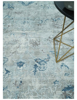 8x10 Aqua, Ivory and Silver Traditional Handmade Wool Area Rug