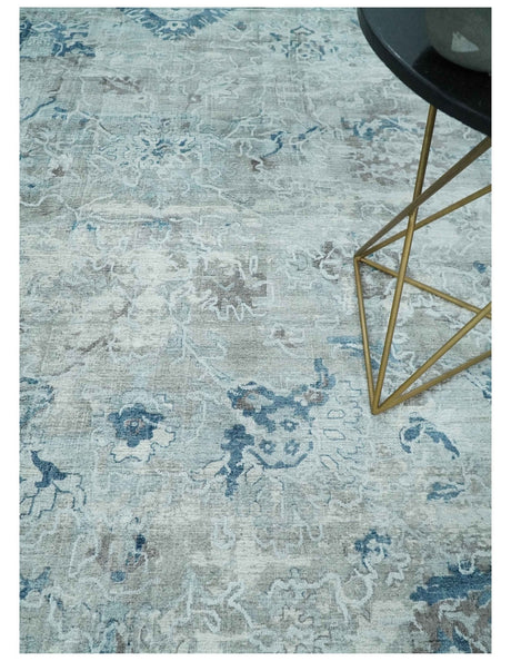 8x10 Aqua, Ivory and Silver Traditional Handmade Wool Area Rug