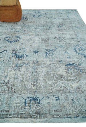 8x10 Aqua, Ivory and Silver Traditional Handmade Wool Area Rug