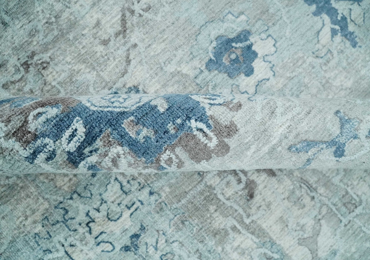 8x10 Aqua, Ivory and Silver Traditional Handmade Wool Area Rug