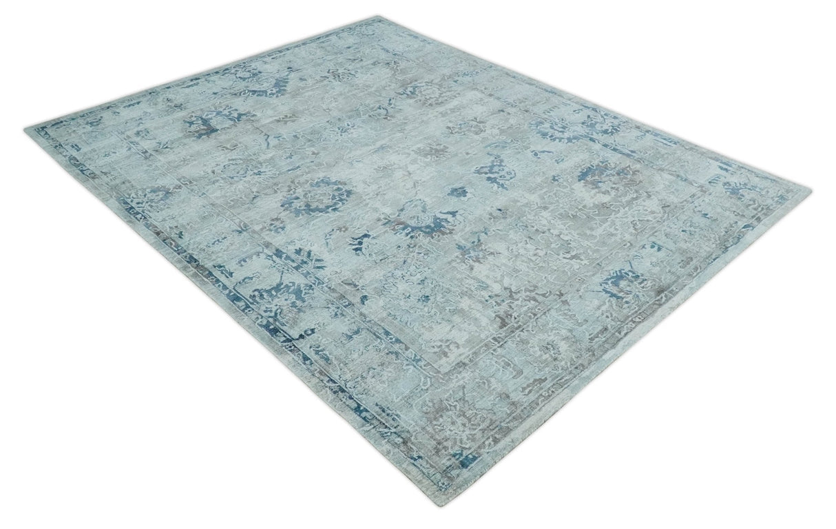 8x10 Aqua, Ivory and Silver Traditional Handmade Wool Area Rug