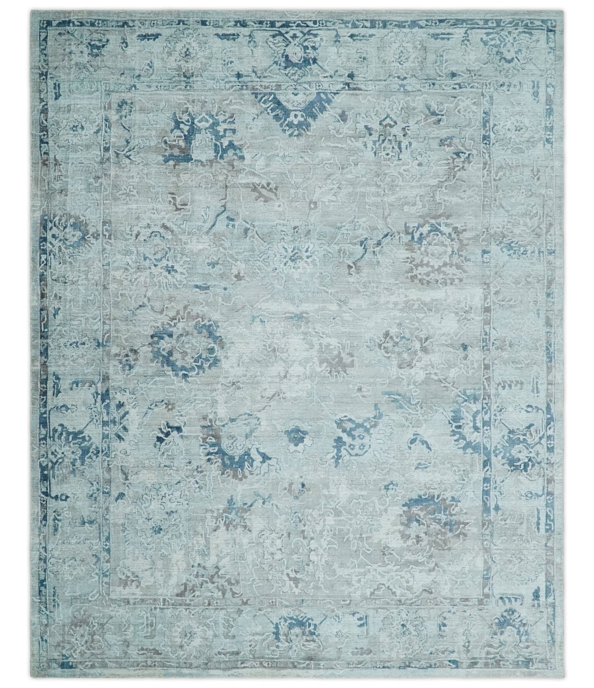 8x10 Aqua, Ivory and Silver Traditional Handmade Wool Area Rug