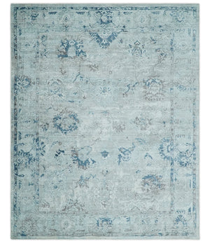8x10 Aqua, Ivory and Silver Traditional Handmade Wool Area Rug