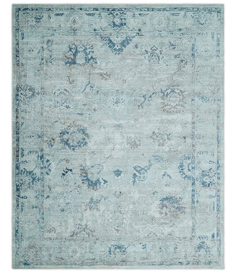 8x10 Aqua, Ivory and Silver Traditional Handmade Wool Area Rug