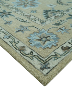 8x10 Beige, Ivory and Blue Hand Tufted Floral Oriental Oushak wool area rug