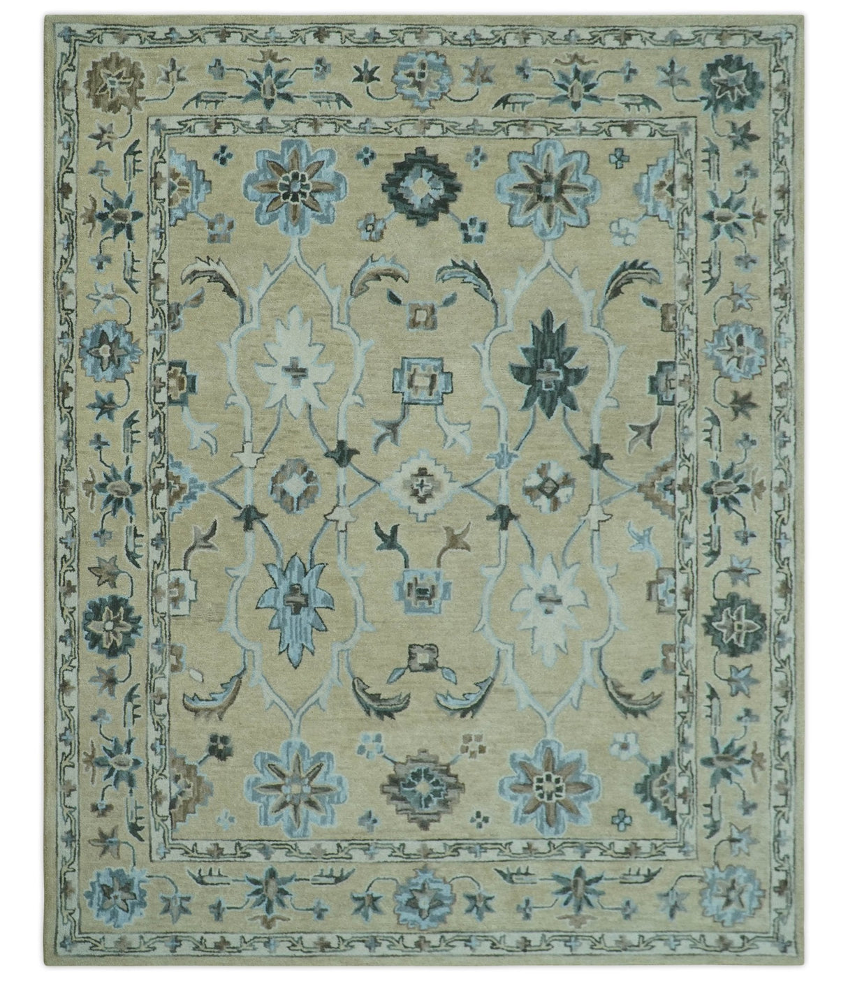 8x10 Beige, Ivory and Blue Hand Tufted Floral Oriental Oushak wool area rug
