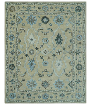 8x10 Beige, Ivory and Blue Hand Tufted Floral Oriental Oushak wool area rug