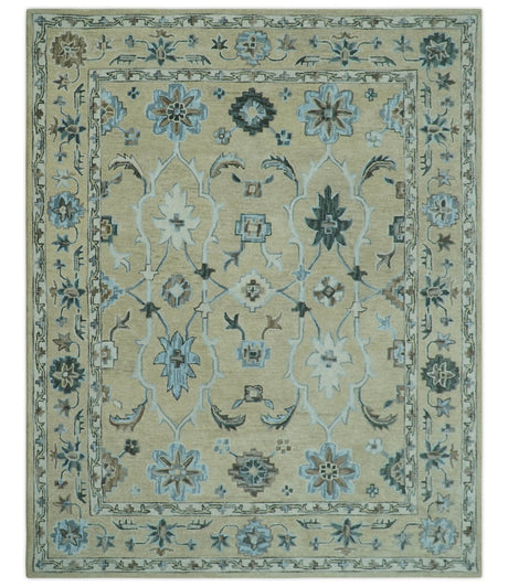 8x10 Beige, Ivory and Blue Hand Tufted Floral Oriental Oushak wool area rug