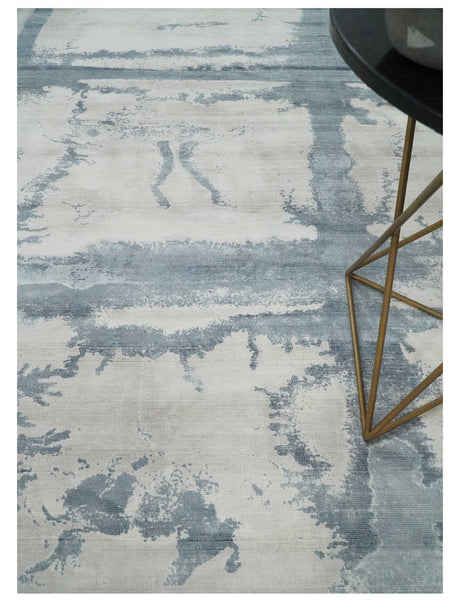 8x10 Beige and Gray Modern Abstract Handmade Fine Art Silk Area Rug