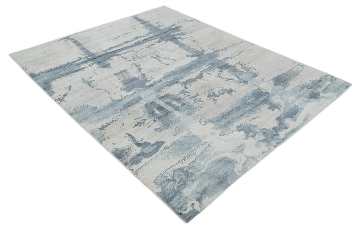 8x10 Beige and Gray Modern Abstract Handmade Fine Art Silk Area Rug