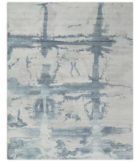 8x10 Beige and Gray Modern Abstract Handmade Fine Art Silk Area Rug
