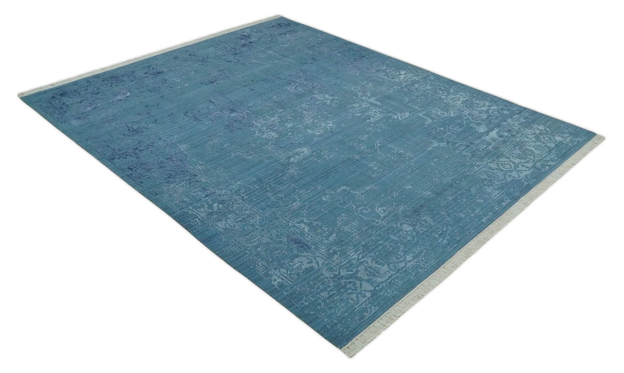8x10 Blue Gray, Violet and Silver Traditional Handmade Wool and Art Silk Area Rug